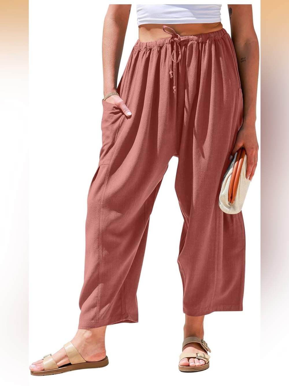 TARSE Womens Linen Wide Leg Pants Casual Loose Drawstring Palazzo Harem pant 2XL